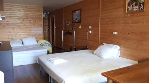 ソチにあるRaiskiy ugolokのベッド2台 木製の壁の部屋