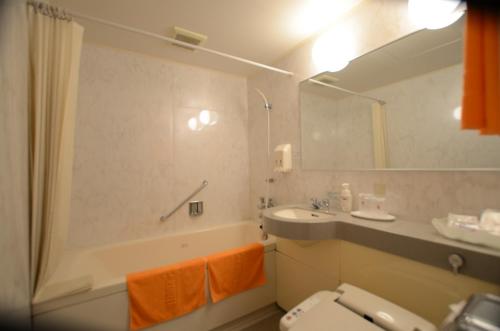 W łazience znajduje się umywalka, toaleta i lustro. w obiekcie Hotel Areaone Wadayama w mieście Asago