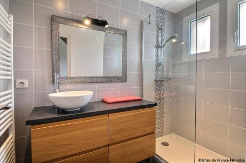 La salle de bains est pourvue d'un lavabo, d'un miroir et d'une douche. dans l'établissement MA MAISON A LA MER, à Fouesnant