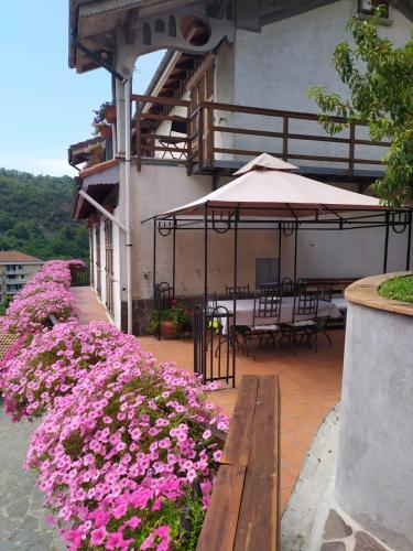 a bunch of pink flowers in front of a building at Bed & Breakfast Lujocanda in Casarza Ligure