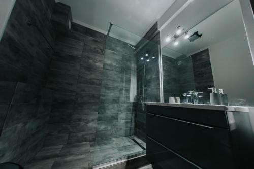 a bathroom with a walk in shower and a sink at Urban Apartment in Oradea