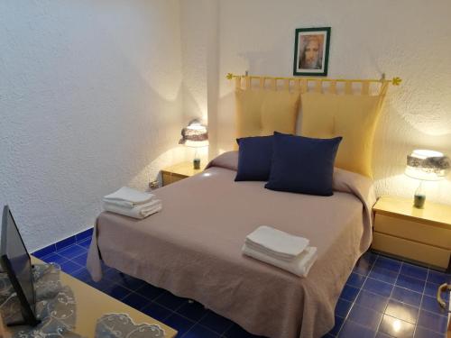 a bedroom with a large bed with blue pillows at Villetta La Bluette Capo Vaticano in Capo Vaticano