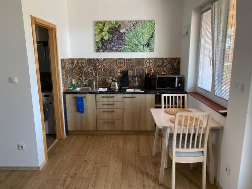 a kitchen with a table and two chairs and a table at Apartmány Přítluky in Přítluky
