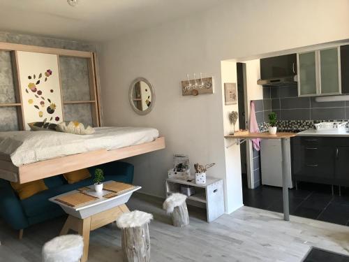 1 dormitorio pequeño con 1 cama y cocina en Joli studio SCANDINAVE, en Milly-la-Forêt