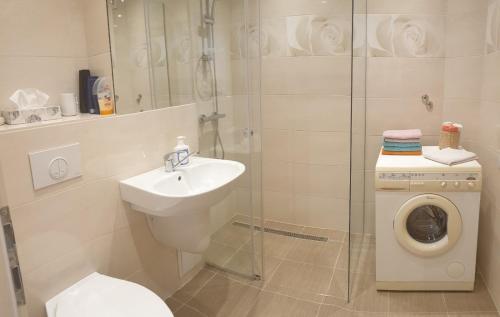 La salle de bains est pourvue d'un lavabo, de toilettes et d'une douche. dans l'établissement Orhidea Apartman, à Gheorgheni