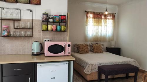 a small room with a bed and a microwave on a counter at Martini Dead Sea in Neve Zohar