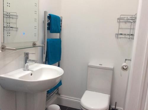 a bathroom with a white toilet and a sink at Heatherdene House in Wimborne Minster