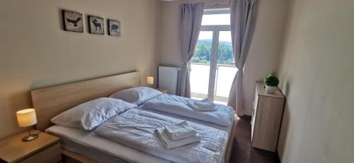 a bedroom with two beds in front of a window at Moser Apartment Carlsbad in Karlovy Vary