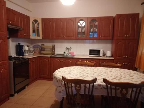 a kitchen with wooden cabinets and a table with chairs at Somogyi Vendégház in Zamárdi
