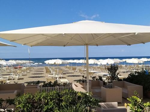a beach with white umbrellas and chairs and the ocean at Aqua Boutique Hotel in Castiglione della Pescaia