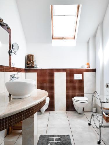 a bathroom with a sink and a toilet and a window at Villa Bawaria in Cieszyn