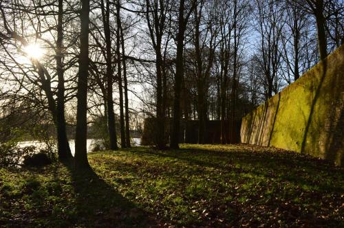 un muro con alberi e il sole dietro di esso di Holiday Home Ipericus a Ypres