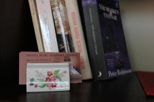 a table with a box of books on a shelf at Momo's studio apartment Subotica in Subotica