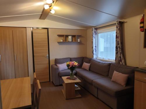 sala de estar con sofá y mesa en Mobil-home Confort camping le bois Masson en Saint-Jean-de-Monts