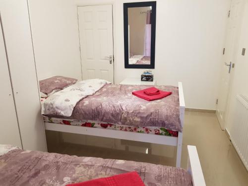 two beds in a room with a mirror and a red shirt at Alhambra Suite in Ipswich