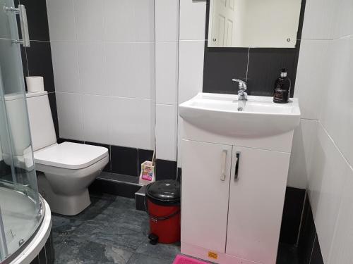 a small bathroom with a sink and a toilet at Taj Suite in Ipswich