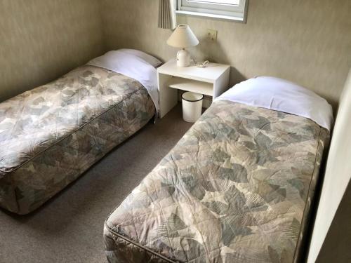 a bedroom with two beds and a table with a lamp at 白樺湖ペンションロック in Chino