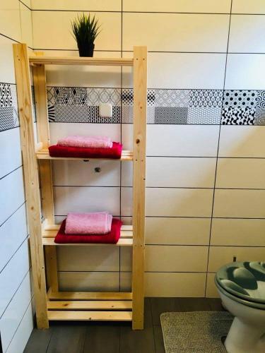 a bathroom with wooden shelves with pink towels at Evergreen house Plitvice in Rakovica