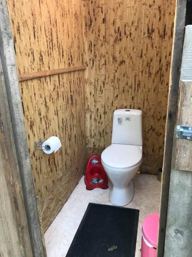 a bathroom with a toilet in a wooden wall at Sillaotsa camp in Paide