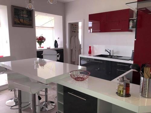 a kitchen with a white counter and red cabinets at Le Tableau in Pourville-sur-Mer
