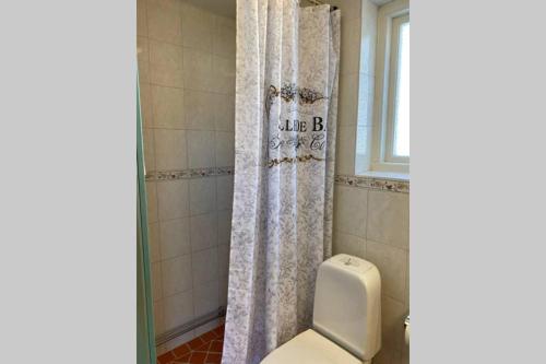 a bathroom with a toilet and a shower curtain at Mysigt gästhus med cykelavstånd till havet! in Skivarp