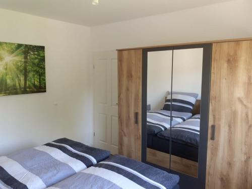 1 dormitorio con 2 camas y armario con espejo en Hibbeln Hof, en Brilon