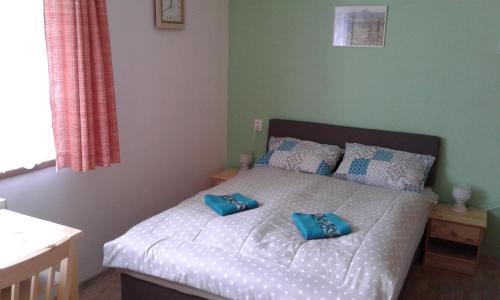 Un dormitorio con una cama con almohadas azules. en České Švýcarsko - Apartmán pro 2-3 dospělé osoby, en Srbská Kamenice