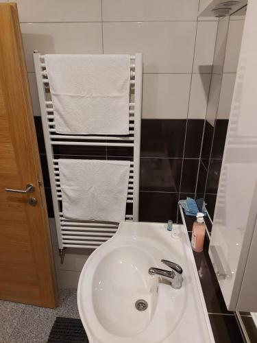 a bathroom with a white sink and towels on a rack at SOBE RIM BREZJE DRAVSKO in Cestica