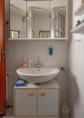 a bathroom with a sink and a mirror at Ferienwohnung Althaus in Einbeck