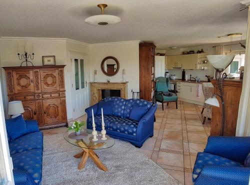 ein Wohnzimmer mit einem blauen Sofa und einem Tisch in der Unterkunft Villa Meisterstein in Winterberg