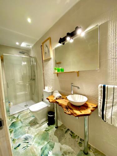 a bathroom with a sink and a shower and a toilet at Apartaments Chenin Blanc-Priorat- in Cornudella