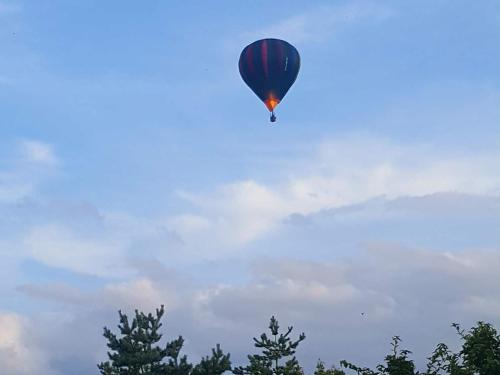 a hot air balloon is flying in the sky at Dairy Cottage Luxury B&B in Attleborough
