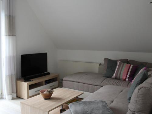 a living room with a couch and a flat screen tv at Ferienwohnungen am Seeufer in Möhnesee