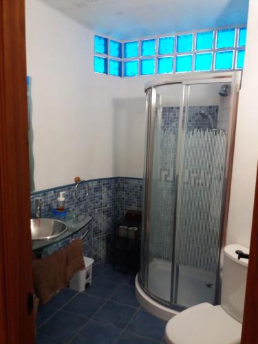 e bagno con doccia, servizi igienici e lavandino. di Casa Santa Ana a Lanjarón