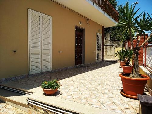 a courtyard with potted plants on the side of a house at Casa del Bosco in Milo