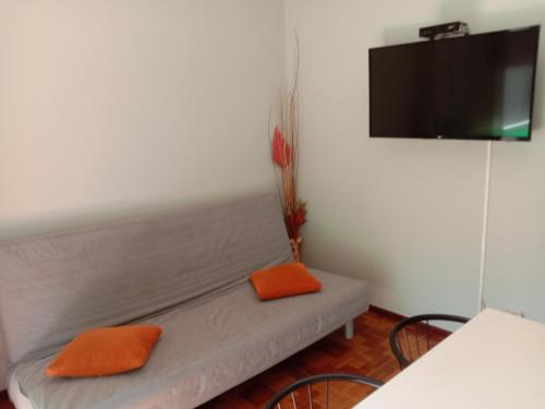 a room with a couch with orange pillows and a tv at Faria Guimares Porto Centro in Porto