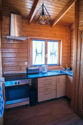 a kitchen with a stove and a sink in a cabin at Gothes Chalet Albertito in Ponte de Vagos