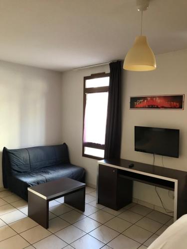 a living room with a couch and a tv at Studio Cité médiévale 250 m in Carcassonne
