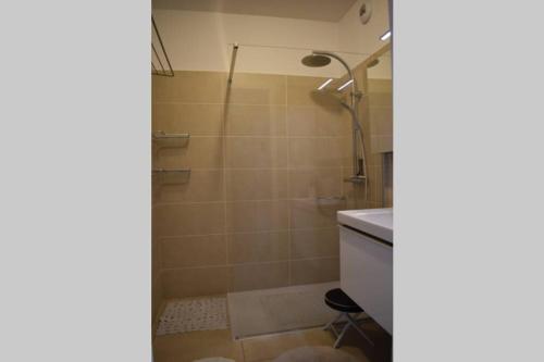 une salle de bain avec douche et lavabo dans l'établissement AJACCIO SPLENDIDE VUE MER, à Ajaccio