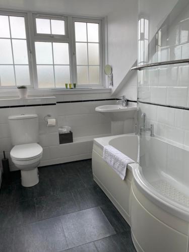 a bathroom with a toilet and a tub and a sink at Goshen Cottage in Kelso