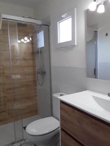 a bathroom with a shower and a toilet and a sink at Casita La Finca I in Breña Baja