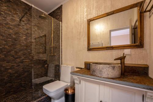 a bathroom with a sink and a toilet and a mirror at Rendez-vous Apartment in Sighişoara