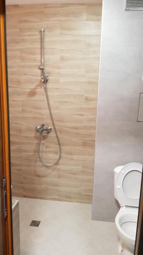 a bathroom with a shower with a toilet at Lux apartment in Montana