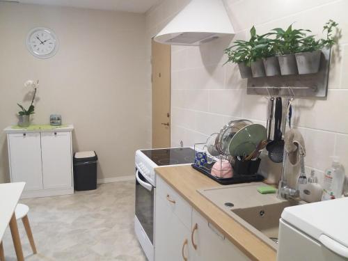 a kitchen with a sink and a stove top oven at Nurmbergi Maja in Viljandi