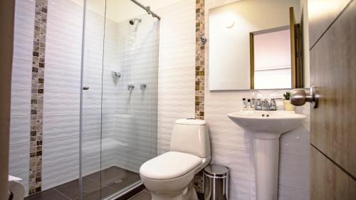 La salle de bains est pourvue de toilettes, d'un lavabo et d'une douche. dans l'établissement Terraza Hotel Bogota, à Bogotá