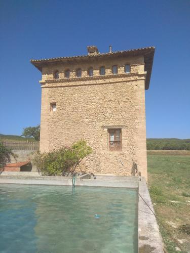 a building with a pool of water in front of it at Masia Del Aragones in Peñarroya de Tastavins