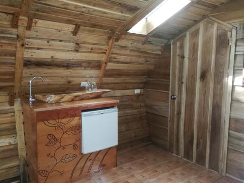 a kitchen in a log cabin with a sink at Nature house in Monteverde Costa Rica