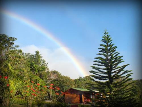 a rainbow over a house with a pine tree at Cabañas La Pradera in Monteverde Costa Rica