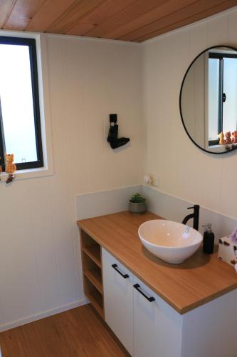 a bathroom with a sink and a mirror at The Pink Lake Tiny House - 'Sakura' in Lochiel