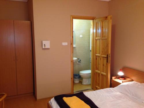 a bedroom with a bed and a bathroom with a toilet at Hajdú Vendégház in Hajdúszoboszló
